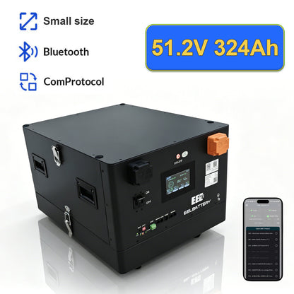 The EEL 51.2V 324Ah lithium iron phosphate (LiFePO4) energy storage system is typically used in residential solar, off-grid systems, and for large-scale, all-weather energy needs. It utilizes CALB 324Ah Grade A cells supporting over 6000 cycles, is equipped with a smart JK BMS with Bluetooth, and provides strong energy independence.