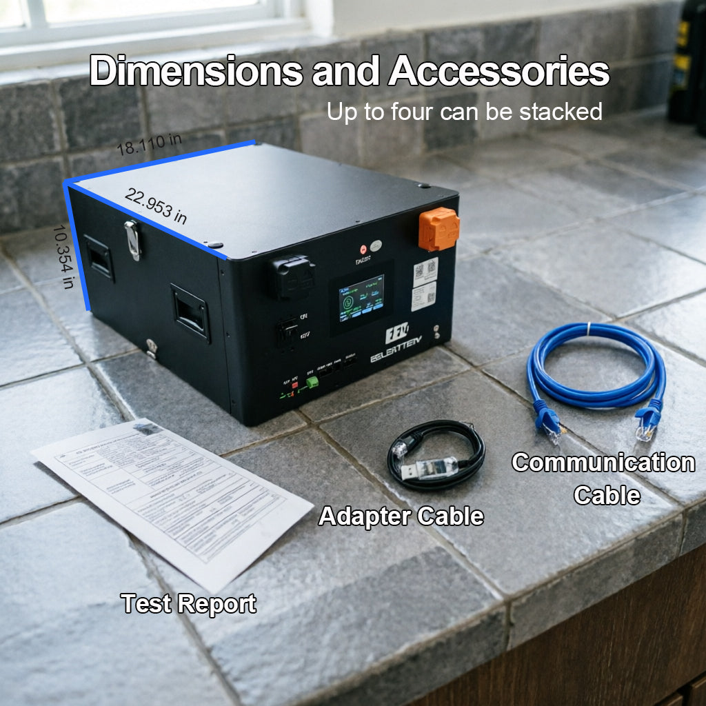 The packaging and accessories for the EEL 17kWh 324Ah battery include the battery itself, a communication cable, a USB to RS485 cable, and a factory test report.