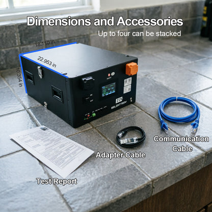 The packaging and accessories for the EEL 17kWh 324Ah battery include the battery itself, a communication cable, a USB to RS485 cable, and a factory test report.