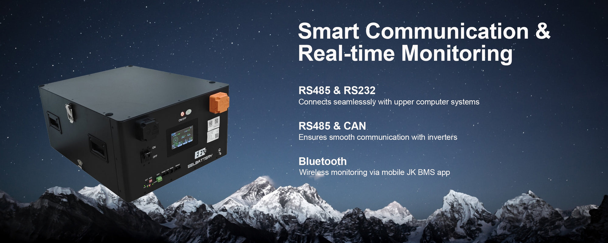 The EEL 17kWh 324Ah battery has three communication ports: RS485, CAN, and RS232, enabling communication with inverters and computers.