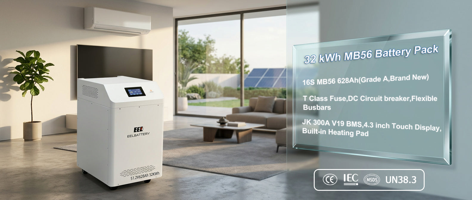 The new EEL BATTERY white 48V 32kWh vertical portable home energy storage battery is manufactured using EEL's new A-grade MB56 cells and equipped with a JK V19 300A BMS, supporting up to 16 units in parallel, and features touch operation. It includes extra protection with fuses, circuit breakers, and dual fire extinguishers. Capable of continuously outputting 300A current, it is ideal for households with high power consumption needs.
