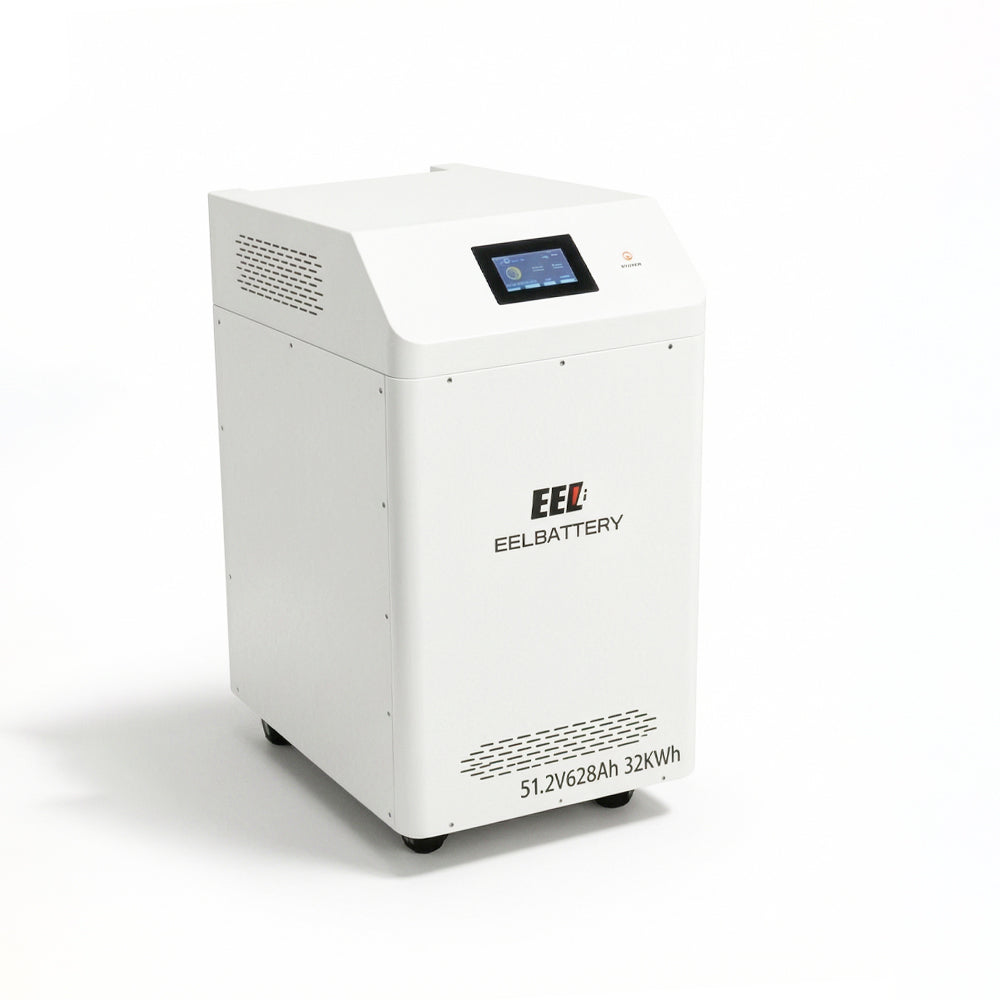 The EEL 32kWh home energy storage battery is made with EVE A-grade MB56 square lithium iron phosphate cells, with a cycle life of over 8000 cycles and a capacity of 628Ah (32kWh), making it ideal for home energy storage, solar power generation and other scenarios.