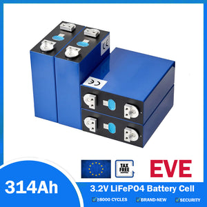 EVE mb31 314Ah A-grade battery cells are available in stock in Europe. They feature welded double-hole pure aluminum studs and can be delivered within the EU within 3-7 days. They are ideal for DIY energy storage battery designs.