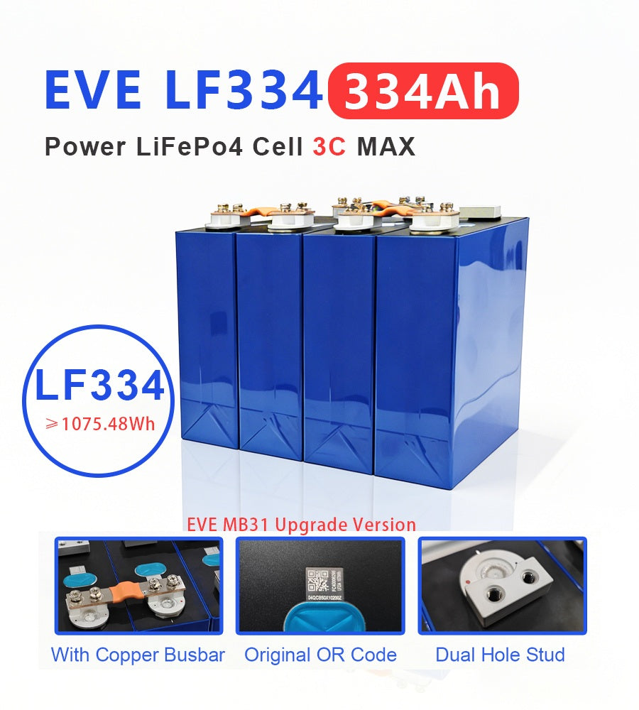 Shop the industry-first EVE LF334 334Ah LFP cell now in stock. With 1C (334A)discharge rate, 1075Wh energy, and 4000-cycle life, it's the ideal power solution for home storage and mini electric vehicles.