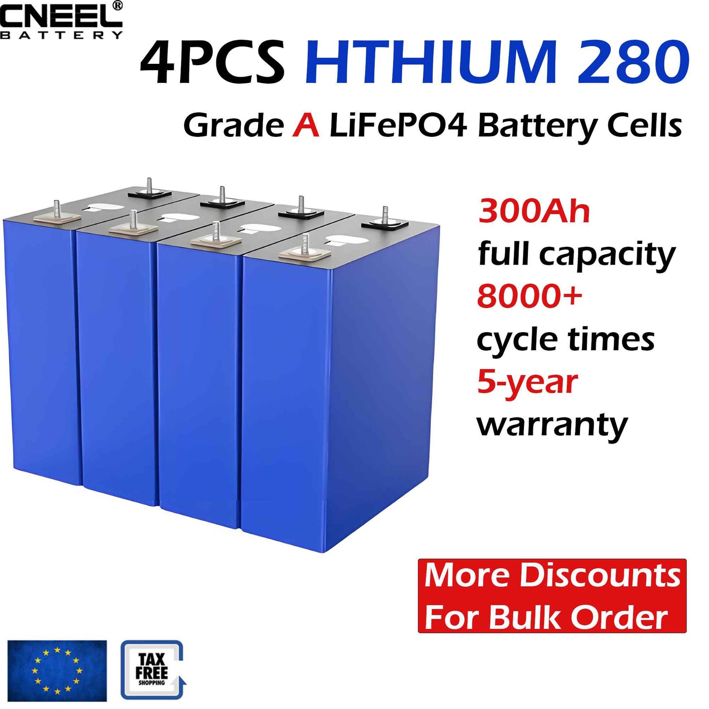4-pack HTHIUM 280Ah 8000 cycle life square lithium iron phosphate battery cells, welded M6 studs, suitable for solar energy storage, available from CNEEL BATTERY European warehouse.