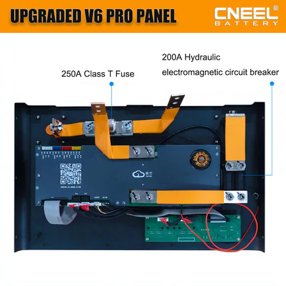 The front panel of the EEL JK V6 pro battery box integrates a 200A DC circuit breaker, a 250A T-class fuse, and a JK V19 BMS, offering high safety and easier assembly.