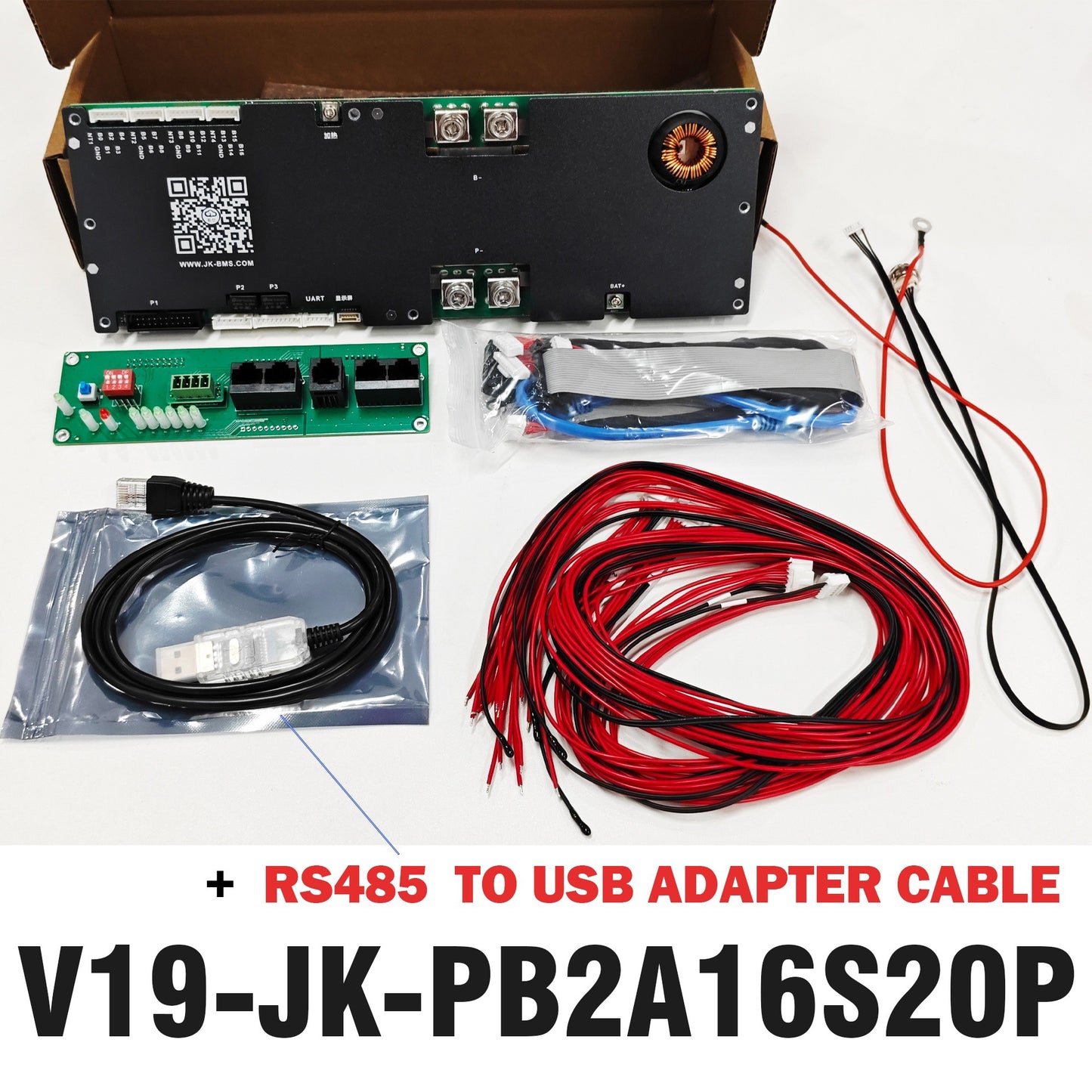 JK V19 200A BMS with signal acquisition line and adapter cable.